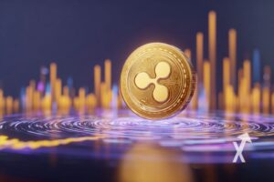 coin xrp sur un fond violet avec bougies de graphique en jaune