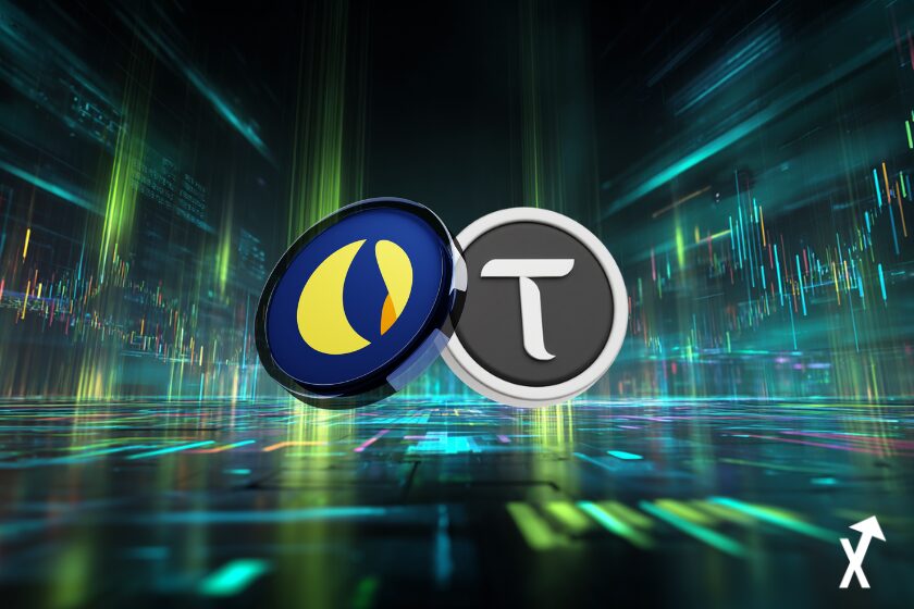 TAO et LUNC coins sur fond blockchain futuriste verte bleue