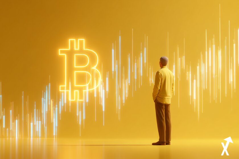 Trader professionnel debout sur la droite du cadre observant des graphiques de prix Bitcoin, grand logo Bitcoin lumineux au centre gauche, fond jaune doré riche propre et lumineux, graphiques en chandeliers blancs flottant dans l'espace, lumière dorée chaude inondant la scène, esthétique fintech premium ultra minimale, lignes nettes et précises, sans encombrement, composition aérée et lumineuse, style photographie éditoriale financière