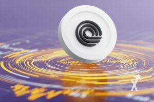 ondo coin sur un fond violet avec lignes oranges en cercle autour