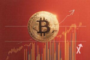Coin Bitcoin sur un fond rouge avec bougies vertes et oranges