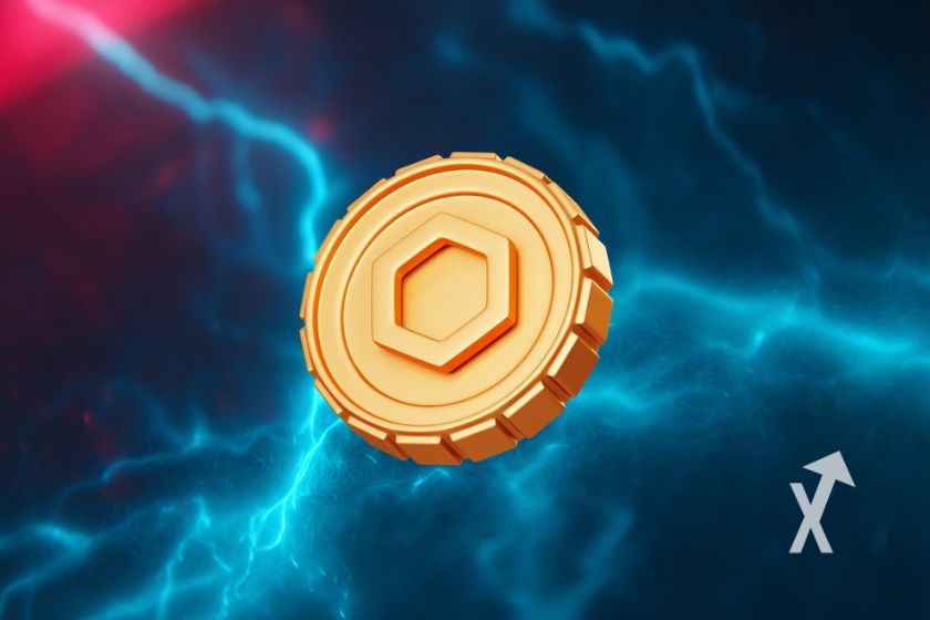 coin chainlink LINK sur fond bleu avec électricité