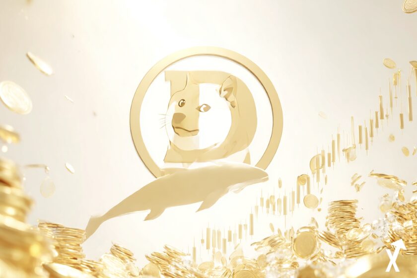 Illustration dorée du logo Dogecoin avec baleine et pièces en suspension sur fond lumineux — symbolisant un rally haussier du DOGE.