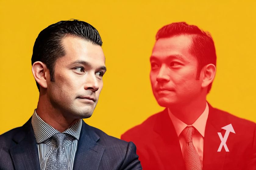 Donald Trump Jr face à Justin sun en rouge sur un fond jaune