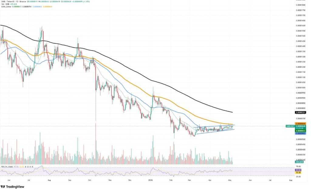 Graphique journalier SHIB/USDT sur Binance — tendance baissière longue depuis juin 2025, consolidation en cours sous les EMA 100 (orange) et 200 (noir) avec RSI à 57,53 en zone neutre — prix actuel à 0,00000628 $.