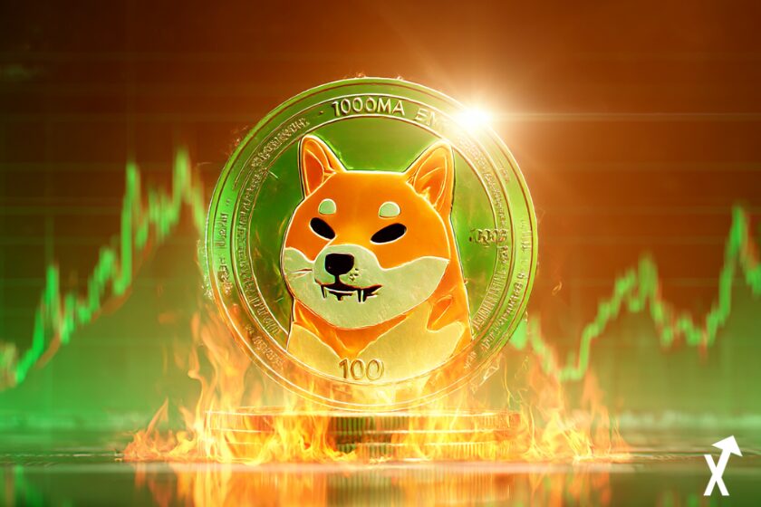 Pièce Shiba Inu dorée en flammes sur fond de graphique haussier vert — symbolisant le burn massif de tokens