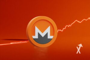 Monero coin sur un fond rouge avec trendline orange