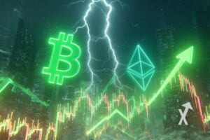 logo ethereum et Bitcoin sur un fond vert avec fleche vert et eclair dans le ciel