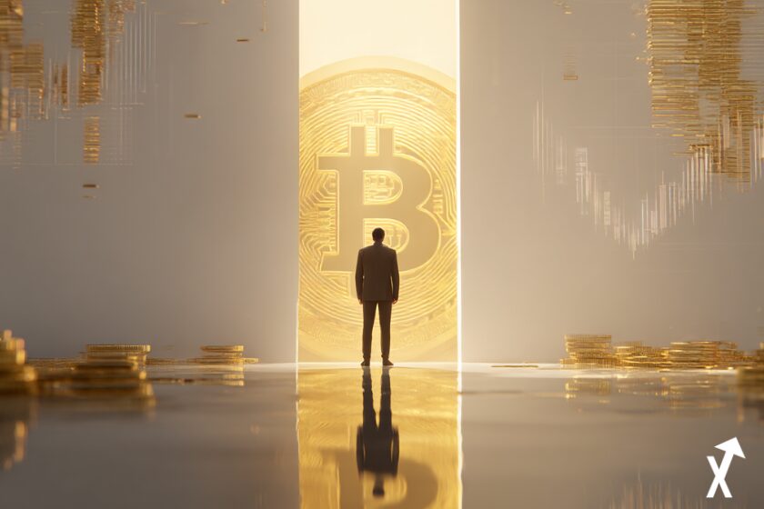 Silhouette d'homme d'affaires face à une immense pièce Bitcoin dorée dans un espace institutionnel lumineux — symbolisant le revirement stratégique de MicroStrategy sur ses réserves BTC —
