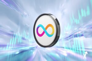 Pièce ICP Internet Computer lumineuse entourée de noeuds cloud décentralisés et flux de réseau neuronal IA, fond blanc avec rayons de lumière bleus et violets, graphique de prix vert ascendant, logo DFINITY intégré comme badge lumineux, rendu 3D ultra-net, atmosphère lumineuse et minimaliste, sans texte