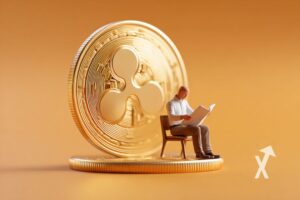 XRP coin en grnd avec un homme qui lit un journal à côté sur un fond orange