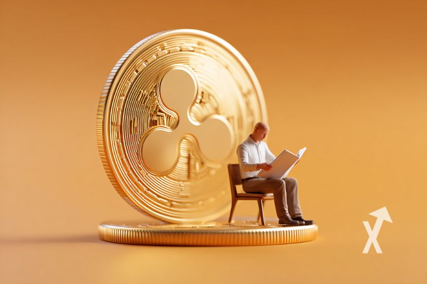 XRP coin en grnd avec un homme qui lit un journal à côté sur un fond orange