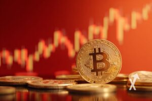 Bitcoin coin avec des cryptos tokesn à son pied sur un fond rouge avec trendline de bougies