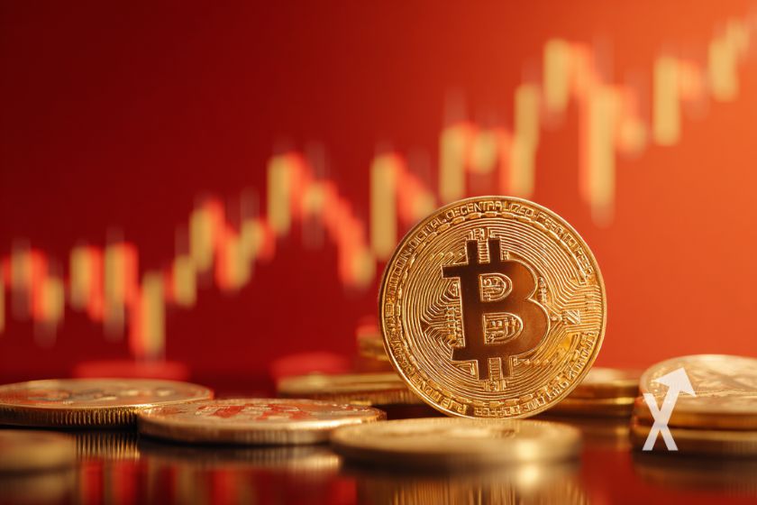 Bitcoin coin avec des cryptos tokesn à son pied sur un fond rouge avec trendline de bougies