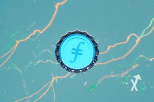 Coin filecoin FIL sur un fond bleu avec lignes électricité jaunes