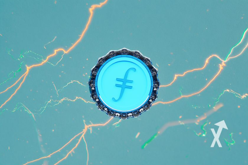 Coin filecoin FIL sur un fond bleu avec lignes électricité jaunes