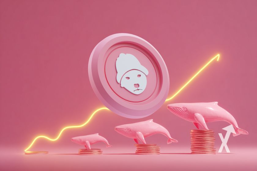 coin dogwifhat sur un fond rose avec baleines et trendline jaune
