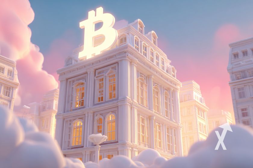 bitcoin logo sur une maison blanche dans un ciel rose