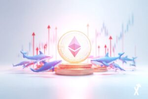 Pièce Ethereum lumineuse coincée entre deux forces opposées, silhouettes de baleines bleues accumulant des tokens en dessous et flèches baissières rouges poussant depuis le haut, fond blanc avec dégradé bleu et violet doux, golden cross se formant sur un graphique en arrière-plan, rendu 3D ultra-net, atmosphère lumineuse et minimaliste, sans texte