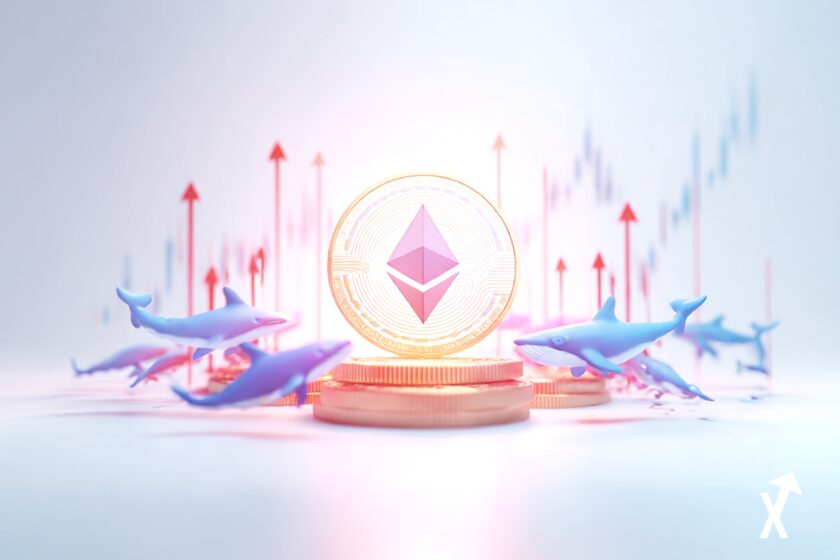Pièce Ethereum lumineuse coincée entre deux forces opposées, silhouettes de baleines bleues accumulant des tokens en dessous et flèches baissières rouges poussant depuis le haut, fond blanc avec dégradé bleu et violet doux, golden cross se formant sur un graphique en arrière-plan, rendu 3D ultra-net, atmosphère lumineuse et minimaliste, sans texte