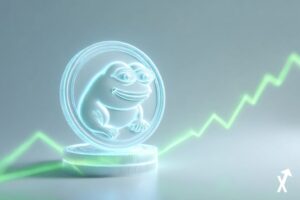 Pièce PEPE grenouille lumineuse en équilibre sur un support critique fin au-dessus d'un océan bleu profond, tension entre lumière verte haussière et pression rouge baissière, fond blanc et bleu dégradé, rendu 3D ultra-net, atmosphère lumineuse et minimaliste, sans texte