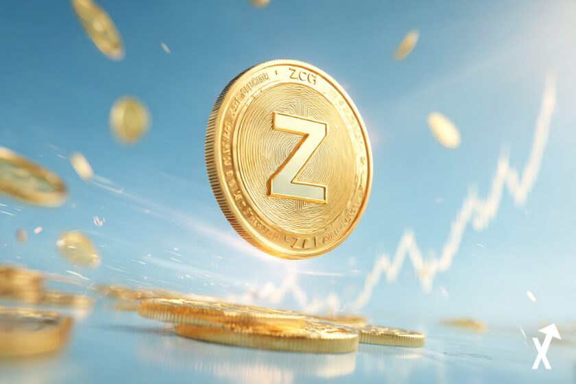 Pièce Zcash ZEC dorée lumineuse franchissant une barrière de prix vers le haut, badge institutionnel Multicoin Capital flottant à proximité, fond blanc avec rayons de lumière dorés et bleus, graphique de prix vert ascendant, rendu 3D ultra-net, atmosphère lumineuse et minimaliste, sans texte