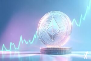 Pièce Ethereum lumineuse franchissant vers le haut une barrière de résistance des 2 400 dollars, silhouettes de baleines institutionnelles accumulant en dessous, fond blanc avec rayons de lumière bleus et violets, graphique de prix vert ascendant, rendu 3D ultra-net, atmosphère lumineuse et minimaliste