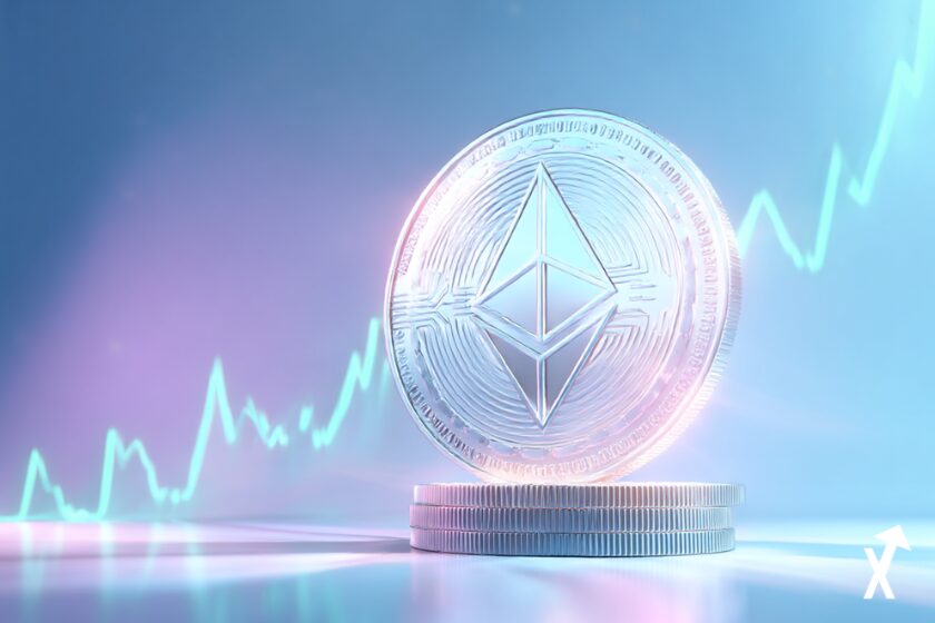 Pièce Ethereum lumineuse franchissant vers le haut une barrière de résistance des 2 400 dollars, silhouettes de baleines institutionnelles accumulant en dessous, fond blanc avec rayons de lumière bleus et violets, graphique de prix vert ascendant, rendu 3D ultra-net, atmosphère lumineuse et minimaliste