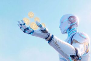 Robot IA qui tiens des Bitcoins dans la main sur un fond bleu ciel