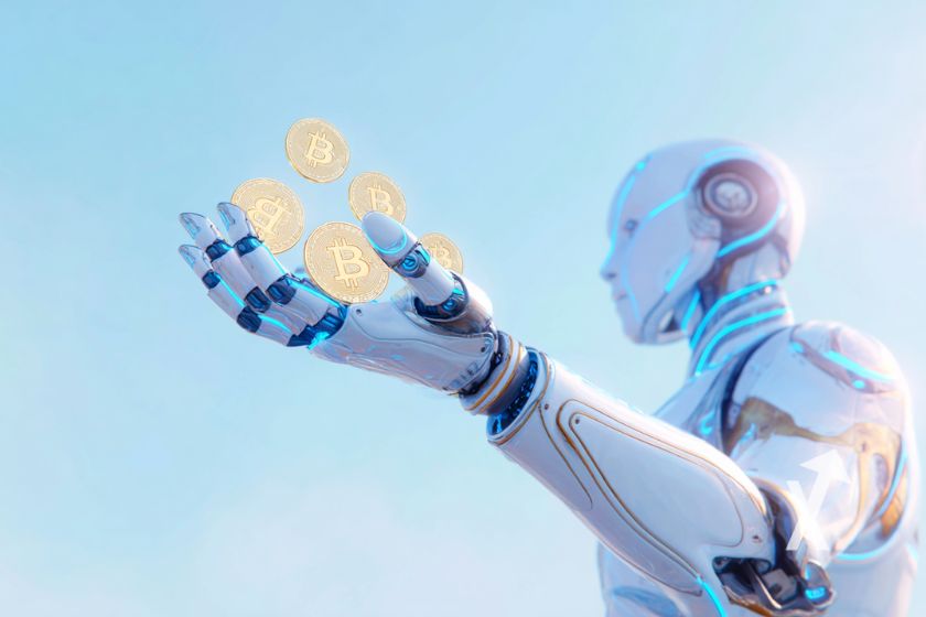 Robot IA qui tiens des Bitcoins dans la main sur un fond bleu ciel
