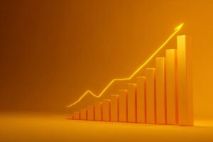 Lingots d'or vers le haut et une fleche orange qui monte sur fond orange