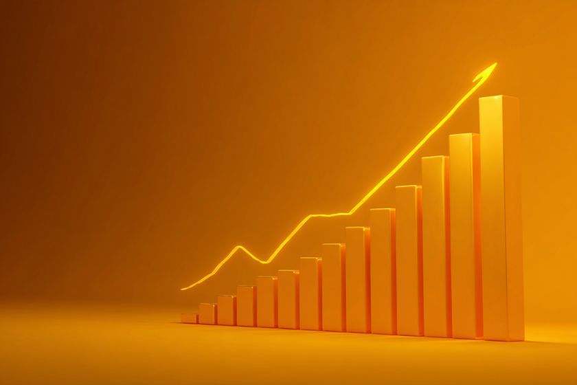 Lingots d'or vers le haut et une fleche orange qui monte sur fond orange