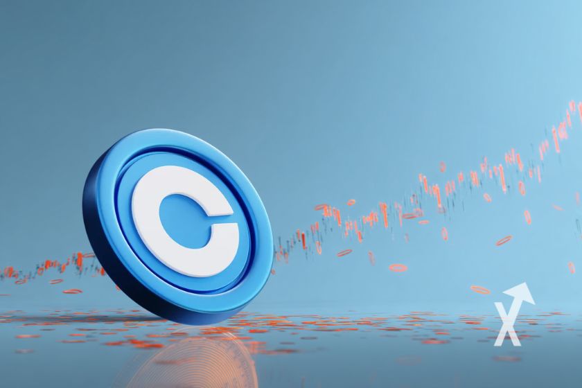 Coin coinbase sur un fond bleu avec trendline orange