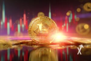 Coin Bitcoin sur un fond violet avec bougies rouges et vertes