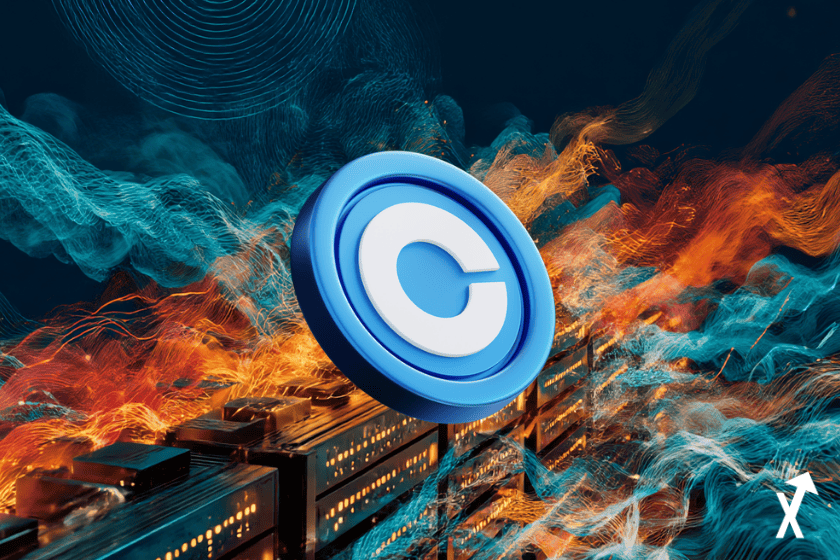 Logo Coinbase lumineux sur fond bleu marine profond, rack de serveurs AWS fissuré avec rayons de lumière orange électrique et dorés s'échappant des fissures, éclairage volumétrique dramatique en tons teal et ambre, flux de données flottants se reconnectant en bleu vif et blanc, rendu 3D ultra-net, atmosphère cinématique