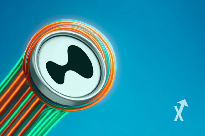 coin hyperliquid HYPE sur un fond bleu avec des lignes vertes et oranges autour
