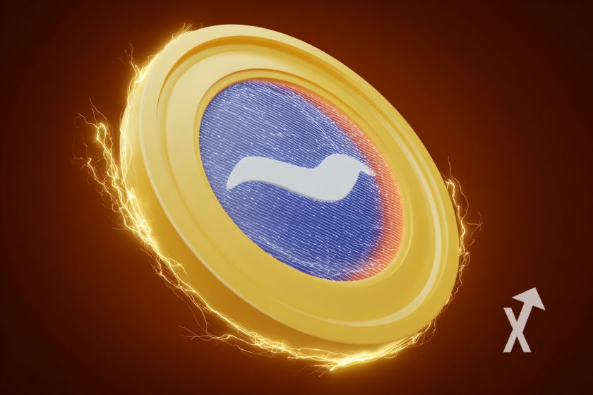 coin strk starknet avec électricité orang et fond rouge