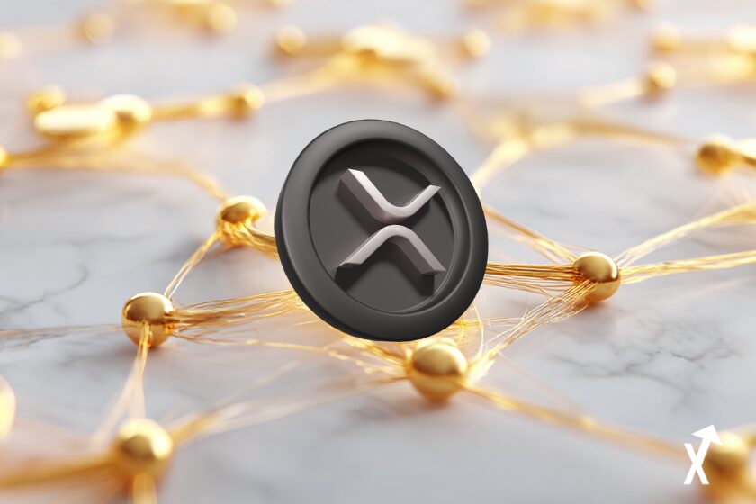 XRP Ripple cryptomonnaie restructuration gouvernance, nœuds réseau dorés flottant au-dessus d'une surface marbre blanc, rayons de lumière dorée douce, tons pastel or et blanc, esthétique institutionnelle financière, composition minimaliste ultra nette
