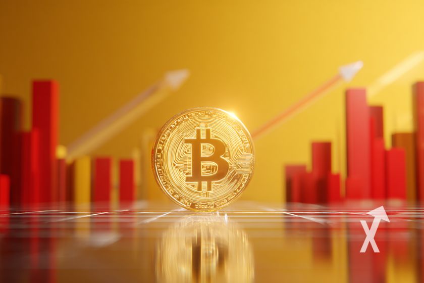 Bitcoin coin sur un fond orange et colonnes rouges