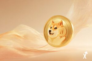 Dogecoin DOGE cryptomonnaie, symbole Shiba Inu doré flottant au-dessus d'une surface dégradé ambre et crème douce, tons pêche clair et or, flux de données financières délicats, esthétique éditoriale aérienne, atmosphère lumière chaude pastel