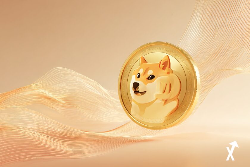 Dogecoin DOGE cryptomonnaie, symbole Shiba Inu doré flottant au-dessus d'une surface dégradé ambre et crème douce, tons pêche clair et or, flux de données financières délicats, esthétique éditoriale aérienne, atmosphère lumière chaude pastel