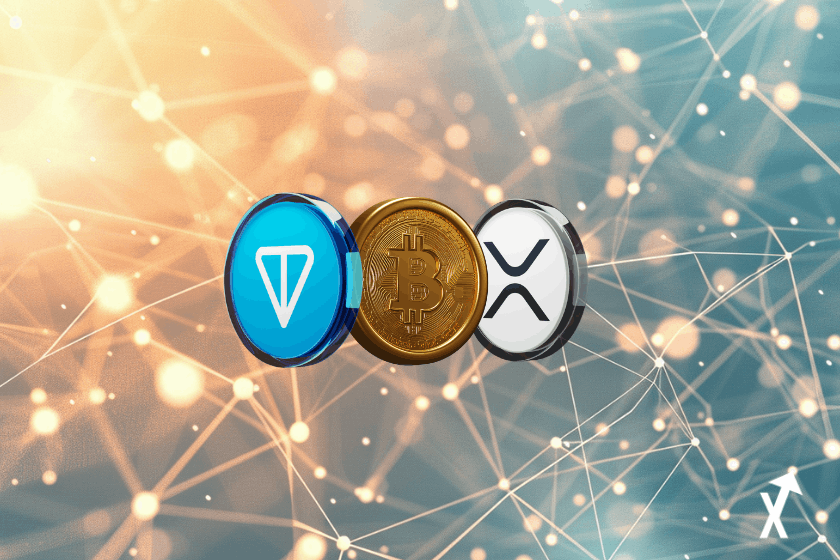 XRP Toncoin Bitcoin trio cryptomonnaie analyse hebdomadaire, formes géométriques abstraites corail et or flottant au-dessus d'une surface ivoire chaude, flux de données financières délicats, atmosphère dégradé pastel chaud, esthétique éditoriale aérienne, composition minimaliste ultra nette,