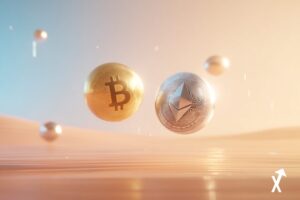 Duo cryptomonnaie Bitcoin et Ethereum, sphères géométriques dorées et argentées flottant au-dessus d'une surface dégradé pêche chaude, rayons de lumière délicats, tons ambre et platine, esthétique éditoriale financière aérienne, flux de données subtils, atmosphère pastel chaude, composition minimaliste ultra nette,