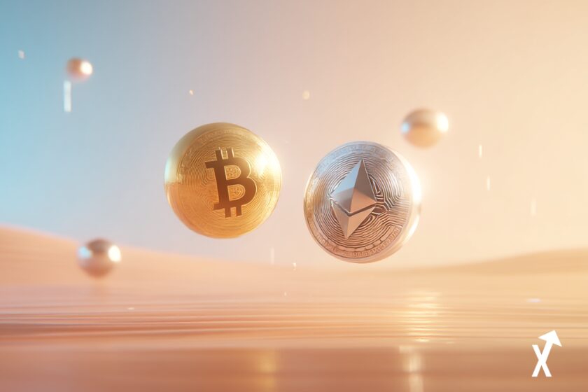 Duo cryptomonnaie Bitcoin et Ethereum, sphères géométriques dorées et argentées flottant au-dessus d'une surface dégradé pêche chaude, rayons de lumière délicats, tons ambre et platine, esthétique éditoriale financière aérienne, flux de données subtils, atmosphère pastel chaude, composition minimaliste ultra nette,