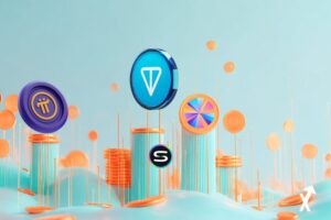 Toncoin TON pi, siren, sky coins et rallye altcoins, formes géométriques turquoise et corail lumineuses ascendantes au-dessus d'une surface dégradé bleu ciel doux, accents dorés chauds, flux de données ascendants délicats, esthétique éditoriale financière aérienne, atmosphère lumière pastel, composition minimaliste ultra nette