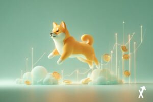 Silhouette de chien Shiba dorée flottant au-dessus d'une surface dégradé teal et menthe douce, rayons de lumière dorée chauds, flux de données ascendants délicats, tons teal et or pastel, esthétique éditoriale financière aérienne, composition minimaliste ultra nette,