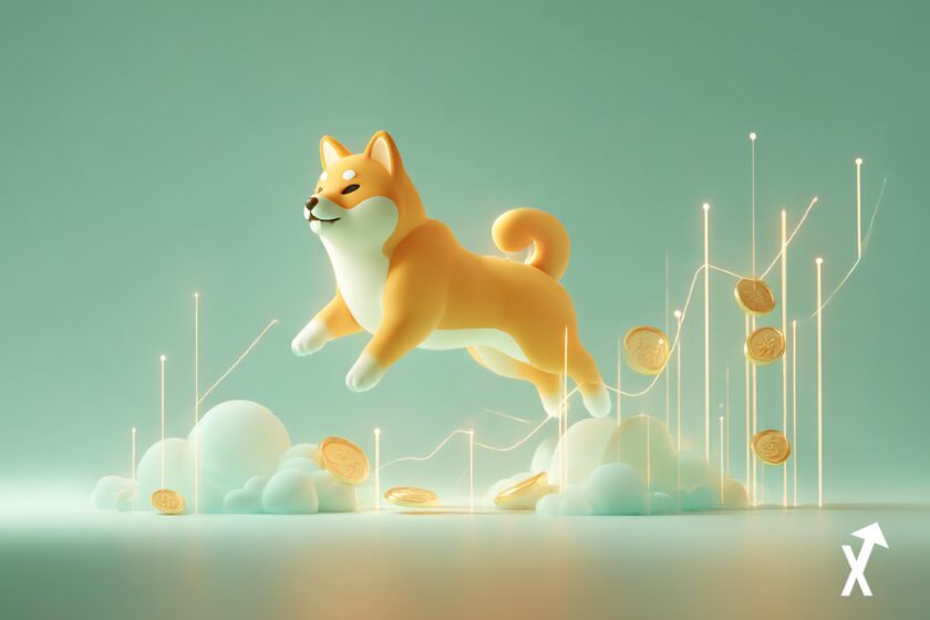Silhouette de chien Shiba dorée flottant au-dessus d'une surface dégradé teal et menthe douce, rayons de lumière dorée chauds, flux de données ascendants délicats, tons teal et or pastel, esthétique éditoriale financière aérienne, composition minimaliste ultra nette,