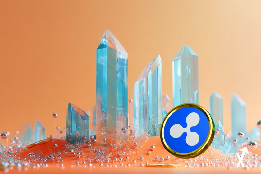 XRP Ripple cryptomonnaie adoption institutionnelle, éclats de cristal géométriques corail vif et bleu ciel s'élevant au-dessus d'une surface dégradé pêche chaude, faisceaux de lumière dorée douce, nœuds de données argentés délicats, tons corail ambre et turquoise pastel, esthétique éditoriale financière aérienne, composition minimaliste ultra nette,