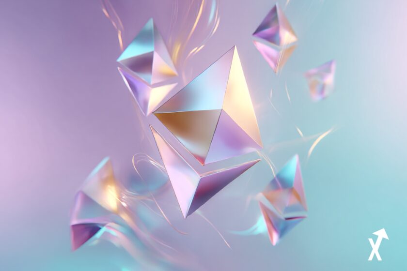 Ethereum ETH cryptomonnaie pression offre, formes diamant géométriques argent et violet lumineuses descendant et montant au-dessus d'une surface dégradé lavande et menthe douce, rayons de lumière dorée filtrant, flux de données délicats, tons violet pastel et teal, esthétique éditoriale financière aérienne