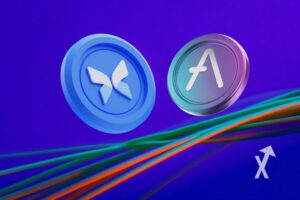 coin Morpho et aave sur un fond violet avec lignes de couleurs vertes et oranges